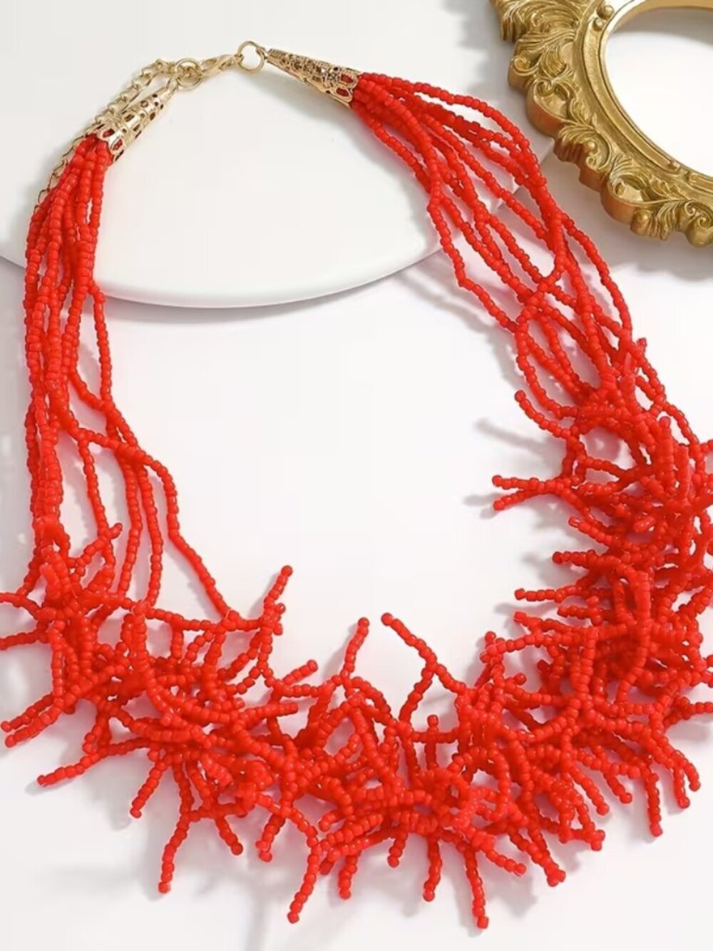 Bohemian Handmade Red Rice Bead Fringe Statement Necklace Beach Party Gift